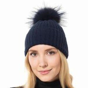 NWT AMICALE  100% CASHMERE RIBBED BLACK HAT WITH GENUINE FOX FUR BLUE POM POM